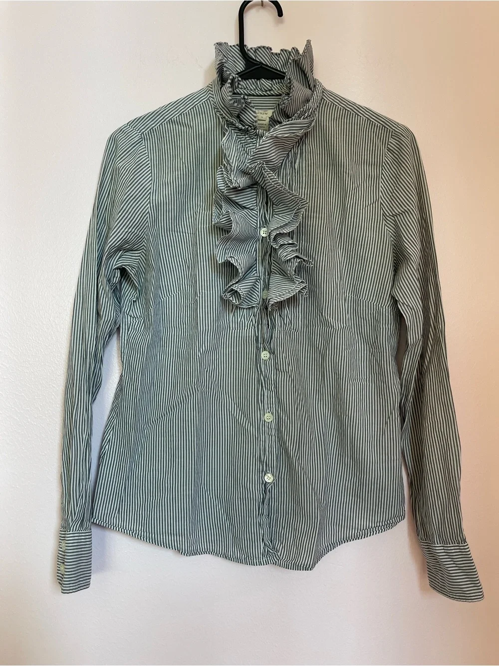 J. Crew Green and White Striped Ruffle Button-Down Blouse